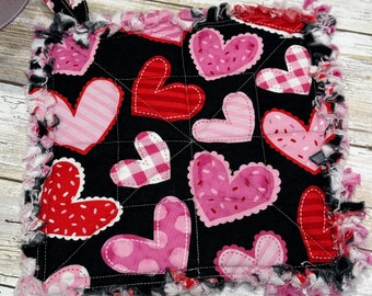 Shabby Rag Valentine's Pink & Red Hearts on Black Quilted Pot Holder | Hot Pad | Trivet | Handmade | Housewarming Gift