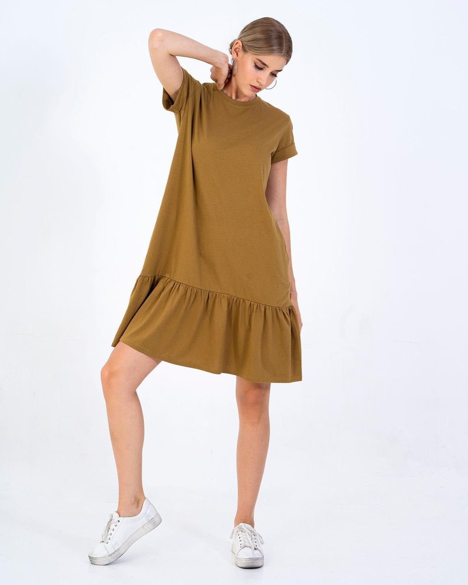 3 sizes soft cotton dress brown tshirt dress ruffle dress Etsy