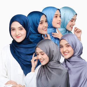 AZRAA Scarf, 30 colors Crinkle Silky Satin Hijab Shayla, Elegant Lightweight Shawl Wrap Headscarf Navy Blue Sky, Cute Muslim Gifts for Women