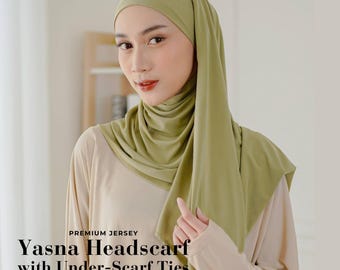 YASNA Headscarf with Under-Scarf Ties, One-Piece Jersey Hijab Scarves, Lightweight Shawl Scarf Sage, Cute Islamic Gift for Muslim Women Girl