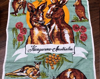 kangaroo vintage Dish Towel the bush handprinted 1970s AUSTRALIAN Souvenir Linen Roo Cotton Tea Towel kid and joey