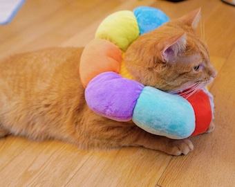 May include: A ginger cat wearing a colorful, rainbow-colored, plush, donut-shaped collar. The collar is made of soft, plush fabric and has a variety of colors, including red, orange, yellow, green, blue, and purple.