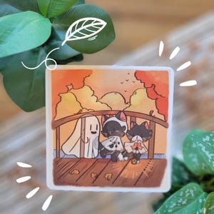 Herfstkatten met hun kleine spookvriendje Art Prints 5 x 5