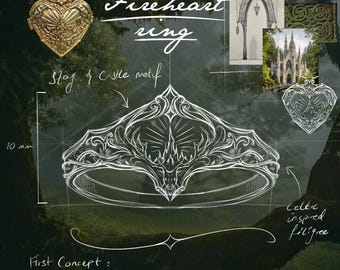 May include: A gold heart-shaped locket pendant and a white line drawing of a ring featuring a stag and castle motif with Celtic-inspired filigree. The text reads Fireheart ring, Stag & Castle motif, Celtic inspired filigree, and First Concept.