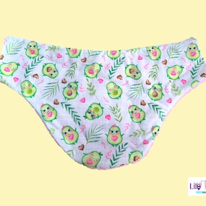 May include: White underwear with a pink trim and a pattern of green avocados with pink hearts and leaves.