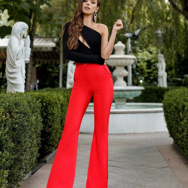 Pantalon bas cloche rouge pour femme, pantalon évasé femme, pantalon taille haute cloche bas, pantalon évasé rouge pour femme