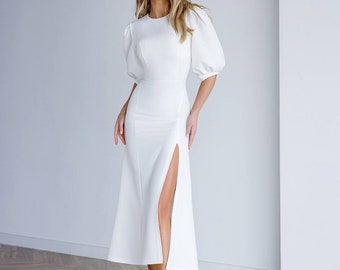 Modest Elopement Dress, Summer Civil Wedding Dress, White Midi Dress with Half Sleeves and high Leg Slit, Special Occasion Dress