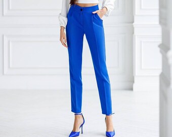 Bright Blue Regular Pants for Women, Casual Formal High Waist Pants for Women, Office Pants for Women