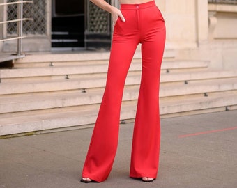 Red Bell Bottoms Pants for Women, Flared Pants Women, High Waist Trousers bell bottoms, Red flared Pants for Women,