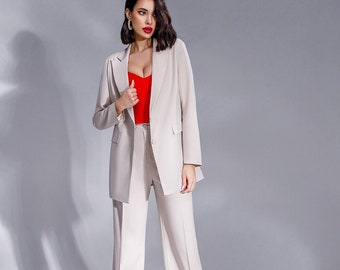 Cream White Pantsuit for Business Women, Formal Blazer Trouser Suit for Women, Office Wear for Women, Executive Women Wear