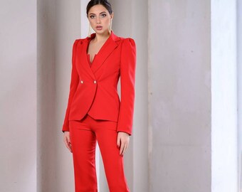 petite red pantsuit