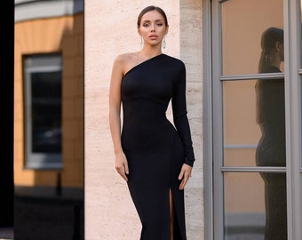 Black One Shoulder Maxi Dress, Maxi Dress with High Side Slit, Black Wedding Change Dress, Long Sexy Dress, Black Maxi Dress