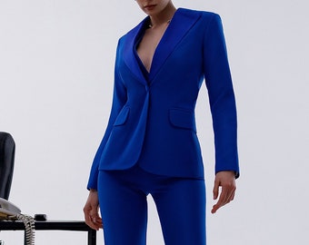 Royal Blue Formal Pantsuit for Women With Satin Lapel Collar