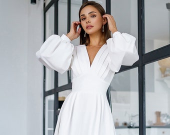 White Midi Dress With Short Voluminous Sleeves, White Summer Modest Midi Dress for Women, Modest Elopement Dress, Summer Civil Wedding Dress