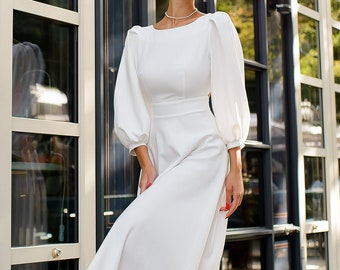 White Midi Dress with Open Back and Voluminous Sleeves, White Midi Dress for Civil Wedding, Elopement Dress with Sleeves