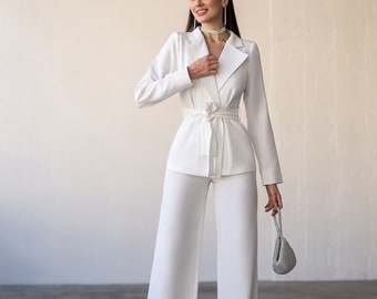 White Chic Pantsuit for Tall Women, Office Women 3 piece Suit with Wide Leg High Waist Pants, Wrap Blazer with Belt and Corset Top Bralette