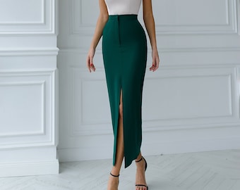 Forest Green High Rise Midi Pencil Skirt with Front Slit, Formal Midi Skirt for Business Women, Smart Casual Pencil Skirt