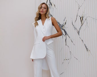 White Pantsuit for Women, White Elopement Pantsuit for Bride, Courthouse wedding suit for bride, Bridal Pantsuit Set 3-piece