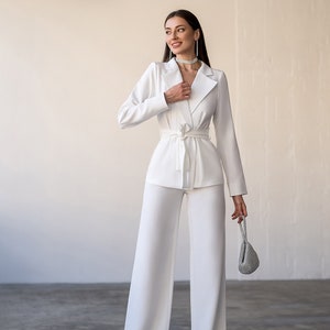 White Chic Pantsuit for Tall Women, Office Women 3 piece Suit with Wide Leg High Waist Pants, Wrap Blazer with Belt and Corset Top Bralette