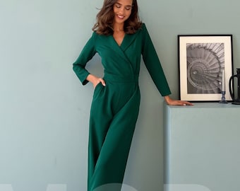 Emerald Green Formal Jumpsuit TALL Women, Womens Jumpsuit, Women Onepiece for Wedding Guest, Birthday Outfit, Jumpsuit with Long Sleeves