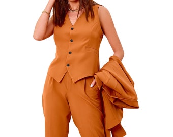May include: A rust-colored sleeveless vest with a V-neck and button closure, paired with matching pants. The vest has a tailored fit and the pants have a straight leg.