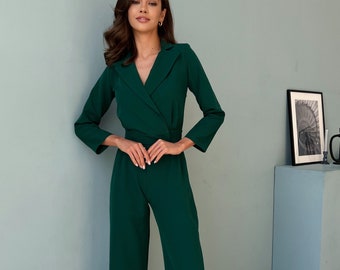 Emerald Green Formal Jumpsuit Womens, Womens Jumpsuit, Women Onepiece for Wedding Reception, Birthday Outfit, Jumpsuit with Long Sleeves