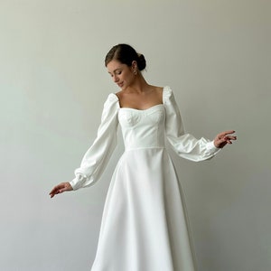 Voluminous Sleeves dress, Midi dress with Long sleeves and Sweetheart Neckline, White Midi Dress for Special Occasions, White Bridal dress