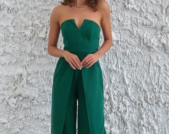Combinaison formelle vert émeraude pour femme, combinaison corset verte pour des occasions spéciales, combinaison pour invité de mariage, combinaison formelle pour femme