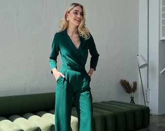 Emerald Green Formal Jumpsuit Womens, Womens Jumpsuit, Women Onepiece for Wedding Reception, Birthday Outfit, Jumpsuit with Long Sleeves