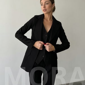 Office Women 3 piece Suit with Slim Fit Pants, Buttoned Vest and Single-Breasted Blazer, Womens Office Wear