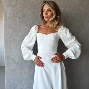 White Voluminous Sleeves dress, Midi dress with Long sleeves and Sweetheart Neckline, White Bridal Rehearsal of first dance dress