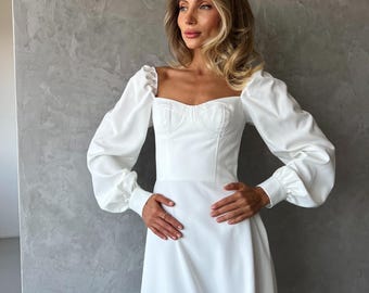 White Midi Dress with Voluminous Sleeves and Sweetheart Neckline