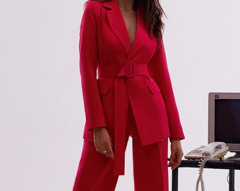 Red Wide Leg Pants and belted blazer suit for tall women, Formal city outfit