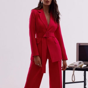 Red Blazer Suit for Women, Wide Leg Pants High Rise, Belted Red Blazer for Women, Bright Trouser Blazer Set for Women, Office Wear Women
