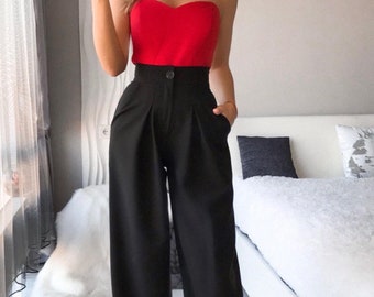 Buy Black High Waist Trousers for Women Business Casual Trousers for Women Office Palazzo Pants for Tall Women Classic Palazzo Pants Online in India Etsy