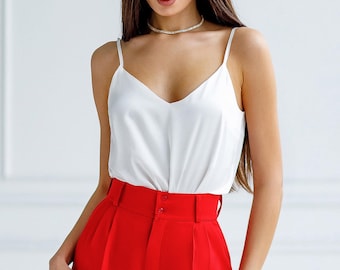White Women's Silk Top with Spaghetti Straps V-neck
