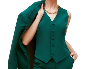 Emerald Green Pantsuit, Women's 3-Piece Blazer Vest Trouser Set