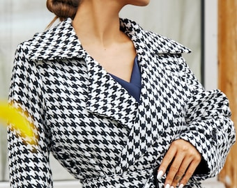 Houndstooth Wool Blend Coat, Belted Double-Breasted Overcoat