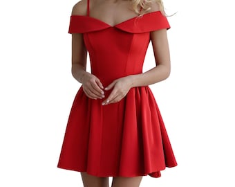 Red Summer cotton mini dress with off-the-shoulder short sleeves for Cocktail and prom looks