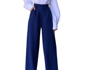 Navy blue high waist pants for women, Blue wide leg pants for women, Women's office pants high rise, Womens palazzo pants blue