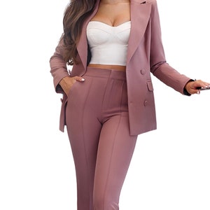 Tailleur-pantalon en mousse moka pour femme, tailleur-pantalon rose pâle, coupe ajustée, tenues de bureau et de cérémonie pour femmes d'affaires et d'affaires