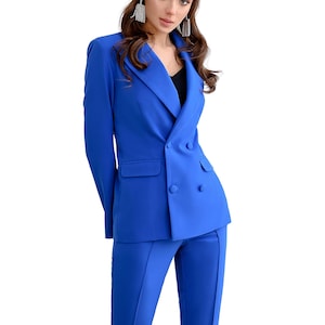 2-piece Blazer Trouser Suit for Women, Blue Pantsuit Women, Womens Formal Wear, Pant and Blazer Set Women, Blue Trousers Suit, Slim Fit Suit