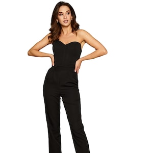 Black Formal Jumpsuit Womens, Wedding Guest Outfit, Women Jumpsuit for Wedding Reception, Birthday Outfit, Sleeveless Jumpsuit with Corset