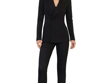 Black Blazer Trouser Suit, Slim Fit Pantsuit for Women