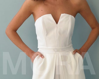 White bridal jumpsuit with corset and wide leg pants, White Formal one-piece for Women with wide hips, Sexy women's pantsuit