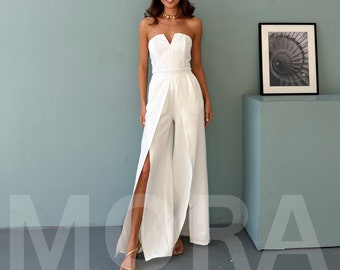 White bridal jumpsuit with corset and wide leg pants, White Formal one-piece for Women with wide hips, Sexy women's pantsuit