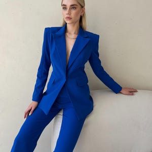 Royal Blue Formal Pants Suit with Single Breasted Blazer and Straight Pants High Waist, Blue Blazer Trouser Suit for Women, Tall Women Suit