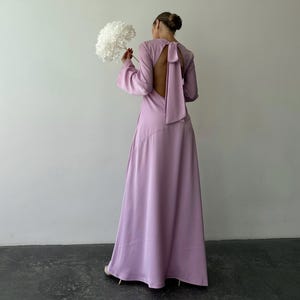 Pale Pink Satin Maxi Dress with Bow Back, Long Sleeve Open Back Gown for Wedding Guest, Garden Party, Spring Formal or Romantic Events