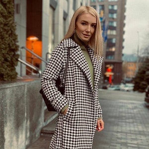 Houndstooth Coat Womens, Long Wool Coat, Belted Wool Coat for Women, Double-Breasted Overcoat for Women, Houndstooth Wool Coat Womens