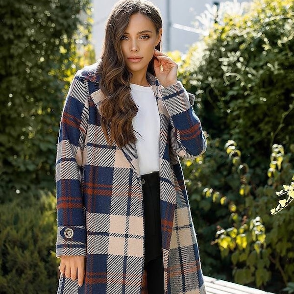 Wool plaid Coat Womens, Long Wool Fall Coat, Belted Wool Coat for Women, Wrap Wool Overcoat for Women, Plaid Wool Coat Womens